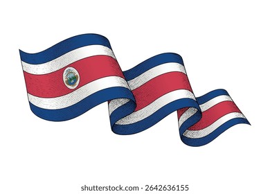 Forma de fita de ondulação da bandeira nacional da Costa Rica com textura vintage gravada