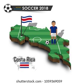 Costa rica national soccer team . Football player and flag on 3d design country map . isolated background . Vector for international world championship tournament 2018 concept .