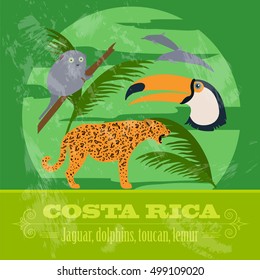 Costa Rica national symbols. Dolphins, jaguar, toucan, lemur. Retro styled image. Vector illustration