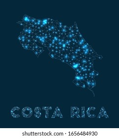 Costa Rica network map. Abstract geometric map of the country. Internet connections and telecommunication design. Trendy vector illustration.