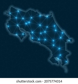 Costa Rica network map. Abstract geometric map of the country. Digital connections and telecommunication design. Glowing internet network. Trendy vector illustration.