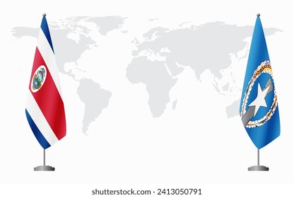 Costa Rica and Northern Mariana Islands flags for official meeting against background of world map.