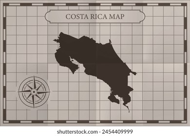 Costa Rica old classic country map. Vintage antique map paper style