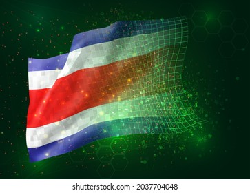 Costa Rica, on vector 3d flag on green background with polygons and data numbers