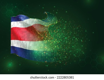 Costa Rica, on vector 3d flag on green background with polygons and data numbers