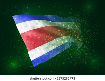 Costa Rica, on vector 3d flag on green background with polygons and data numbers