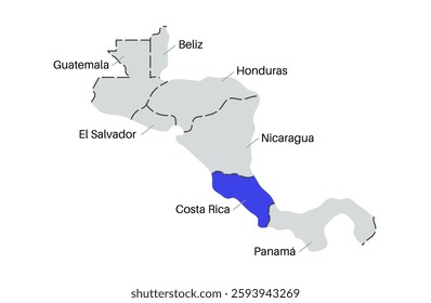 Costa Rica outline contour poster. Central America country border silhouette map flat vector. Blue icon illustration on white background