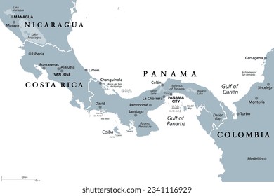 Costa Rica y Panamá, mapa político gris, con el Istmo de Panamá y la brecha Darien. Estrecha franja de tierra y región entre el Mar Caribe y el Océano Pacífico, que une América del Norte y América del Sur.