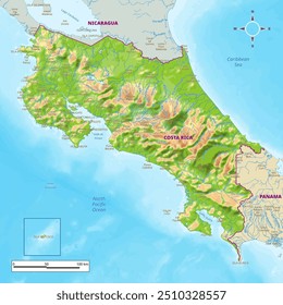 Costa Rica physical map with national borders, rivers and lakes, mountains, parks, labeling