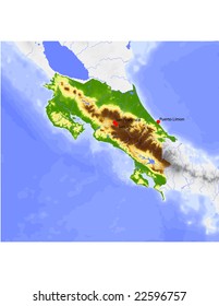 Costa Rica. Physical vector map, colored according to elevation, with rivers and selected cities. Surrounding territory greyed out. 65 layers, fully editable. Data source: NASA