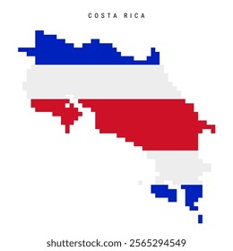 Costa Rica pixel flag map icon. 8 bit pixel art Costa Rican map covered with flag. Flat vector illustration isolated on white background.