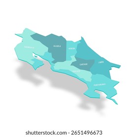 Mapa político de divisões administrativas da Costa Rica - províncias. Mapa de vetor turquesa 3D com rótulos de nome.