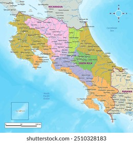 Costa Rica political map with capital , cities, towns, national borders, rivers and lakes. labeling