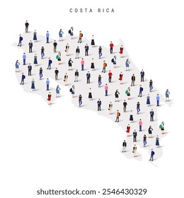 Costa Rica population map. Large group of realistic a diverse crowd of people figures in a shape of Costa Rican map. Flat vector illustration isolated on white.