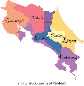 Costa Rica Provinces. Pastel Colors. Provincias de Costa Rica. 