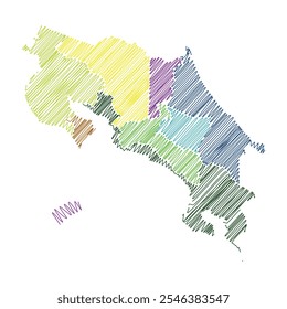 Costa Rica with provinces, thread map line vector illustration 1