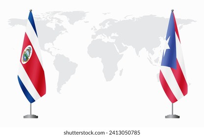Costa Rica and Puerto Rico flags for official meeting against background of world map.