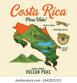 Costa rica pura vida gráficos. verão natural maravilha. jagura selvagem. vintage retro gráficos para t-shirt. design de impressão tradicional para costa rica. map tee design 