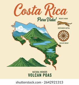 Costa rica pura vida gráficos. verão natural maravilha. jagura selvagem. vintage retro gráficos para t-shirt. design de impressão tradicional para costa rica. map tee design 