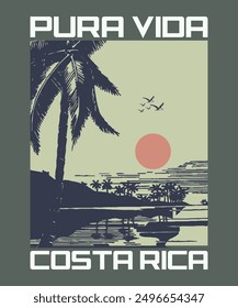 Costa rica pura vida, summer t-shirt design vector, summers creative t-shirt design, summer beach t-shirt vector design. tree. t shirt design, graphics, stamp, label, typography, wall murals