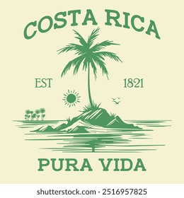 Costa rica pura vida, vetor de design de t-shirt de verão, design criativo de t-shirt de verões, design de vetor de t-shirt de praia de verão.costa rica beach vetor illustration, arte de praia para t shirt, adesivo, cartaz