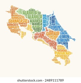 Nube de palabras de las regiones de Costa Rica. Diseño del logotipo de Country. Regiones tipografía estilo Imagen de Vector. Nube de texto en color de Costa Rica. Hermosa Ilustración vectorial.