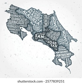 Costa Rica regions word clouds. Country shape on textured background. Costa Rica design in typographic style. Artistic vector illustration.