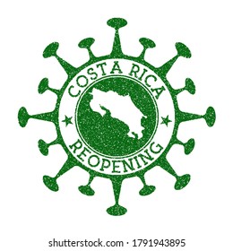 Costa Rica Reopening Stamp. Green round badge of country with map of Costa Rica. Country opening after lockdown. Vector illustration.