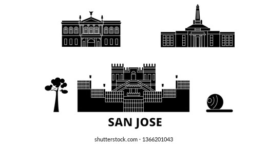 Costa Rica, San Jose flat travel skyline set. Costa Rica, San Jose black city vector illustration, symbol, travel sights, landmarks.