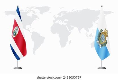 Costa Rica and San Marino flags for official meeting against background of world map.