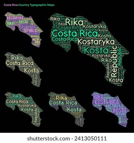 Costa Rica. Set of typography style country illustrations. Costa Rica map shape built of horizontal and vertical country names. Vector illustration.