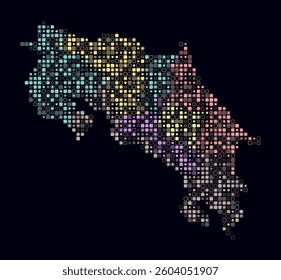 Costa Rica, shape of the country built of colored cells. Digital style map of Costa Rica on dark background. Small size rounded square blocks. Simple vector illustration.