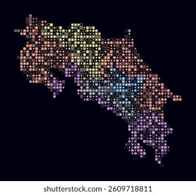 Costa Rica, shape of the country built of colored cells. Digital style map of Costa Rica on a dark background. Small size square blocks. Modern vector illustration.