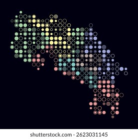 Costa Rica, shape of the country built of colored cells. Digital style map of Costa Rica on dark background. Large size circle blocks. Abstract vector illustration.