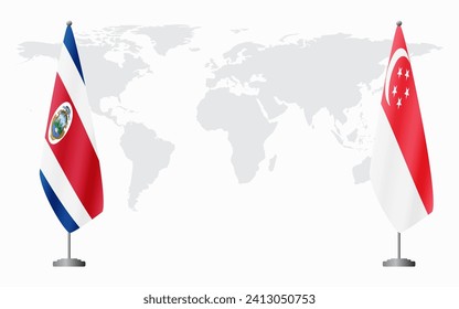 Costa Rica and Singapore flags for official meeting against background of world map.