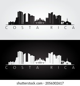 Costa Rica skyline and landmarks silhouette, black and white design, vector illustration.