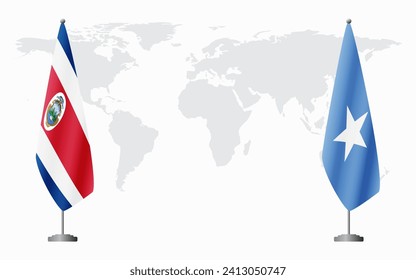 Costa Rica and Somalia flags for official meeting against background of world map.