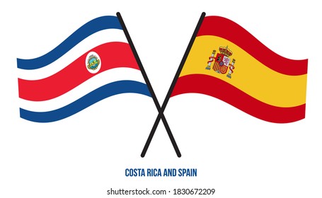 Costa Rica and Spain Flags Crossed And Waving Flat Style. Official Proportion. Correct Colors.