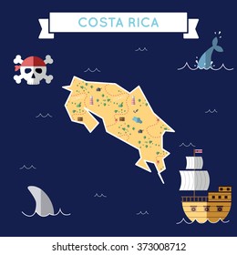 Costa Rica treasure map in flat design. Colorful cartoon treasure map of Costa Rica with flat design icons of pirate ship and jolly roger. Costa Rica flat design vector illustration.