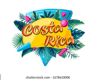 Costa Rica hojas tropicales brillantes banderas letras naranjas