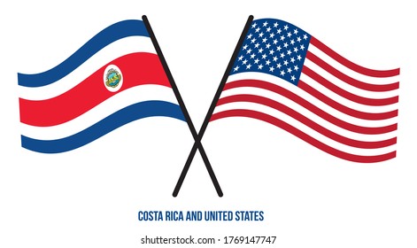 Costa Rica and United States Flags Crossed And Waving Flat Style. Official Proportion. Correct Colors.