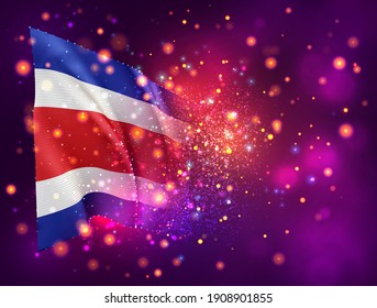 Costa Rica, bandera vectorial 3d sobre fondo púrpura rosa con iluminación y bengalas