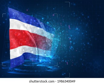 Costa Rica, vector 3d flag on blue background with hud interfaces