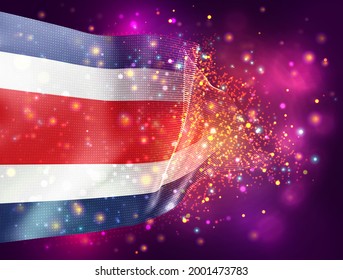 Costa Rica, vector 3d flag on pink purple background with lighting and flares