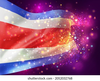 Costa Rica, vector 3d flag on pink purple background with lighting and flares