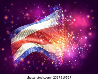 Costa Rica, vector 3d flag on pink purple background with lighting and flares