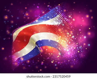 Costa Rica, vector 3d flag on pink purple background with lighting and flares