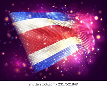 Costa Rica, vector 3d flag on pink purple background with lighting and flares
