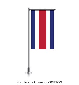 Costa Rica vector banner flag hanging on a silver metallic pole. Costa Rica vertical flag template isolated on a white background.