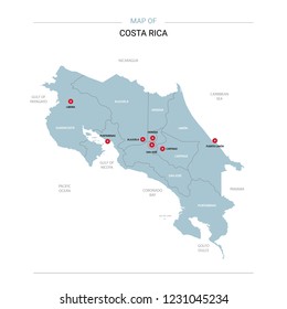 Costa Rica vector map. Editable template with regions, cities, red pins and blue surface on white background. 